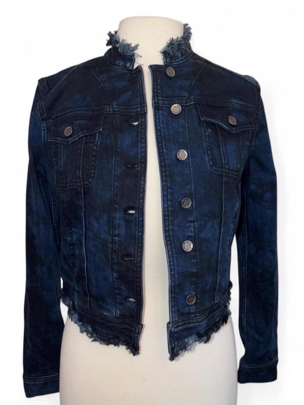 Elie Tahari "Mae" Frayed Dark Wash Denim Crop Jacket - Size S
